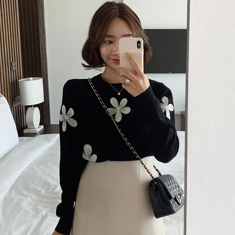 Женский свитер с вышитым цветком Gaganight пуловер длинным рукавом и круглым вырезом