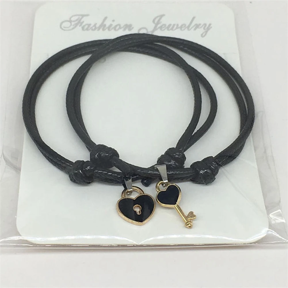 

A Couple Lovers Jewelry Love Heart Lock Bracelet Alloy Bracelets Bangles Key Pendant Jewelry Heart Charm Black String Bracelets