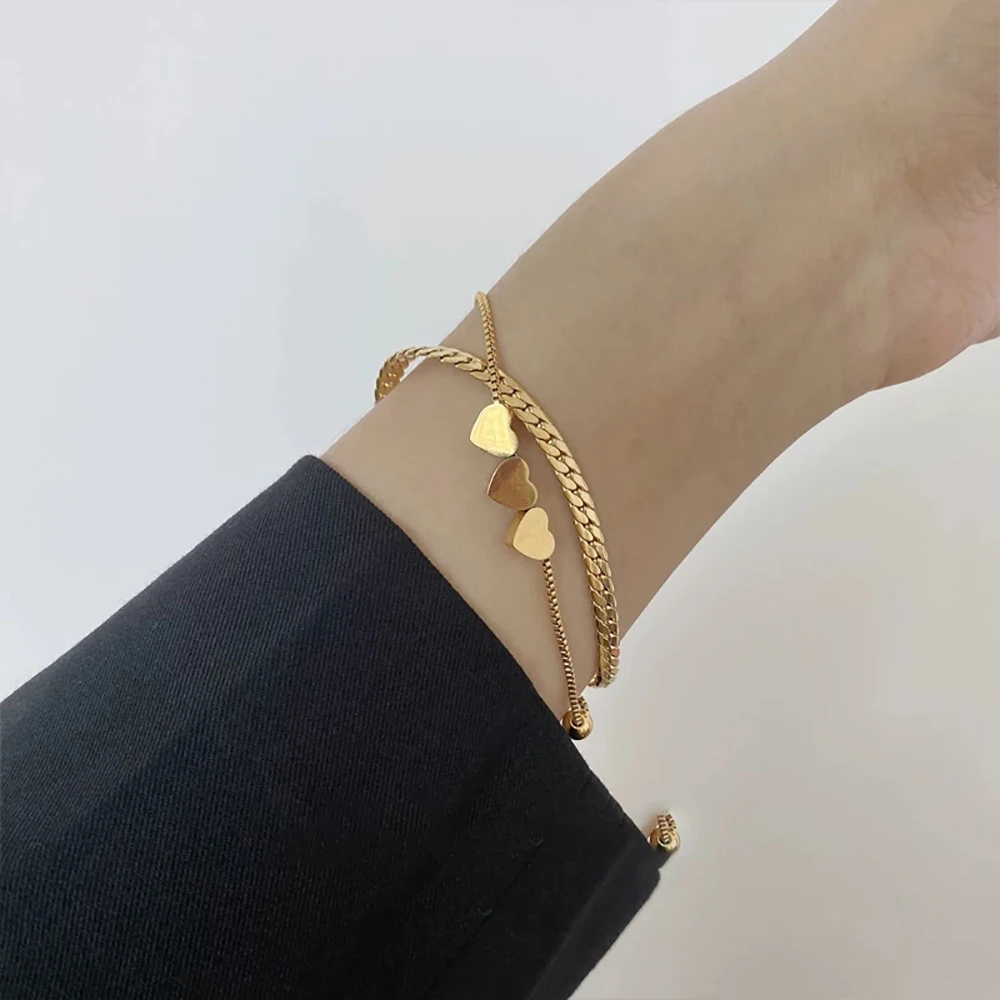 

Ghidbk Double Layered Thick Snake Chain Titanium Steel Bracelets For Women Simple Triple Heart Thin Box Chains Bracelets Jewelry