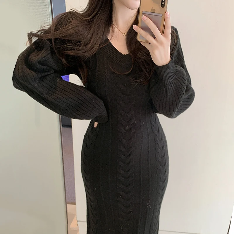 V Neck Casual Warm Knitted Jumper Dresses Solid Thick 2021 Sweater Dress Women New Winter Korean Pollover Woman Knitwear Robe | Женская