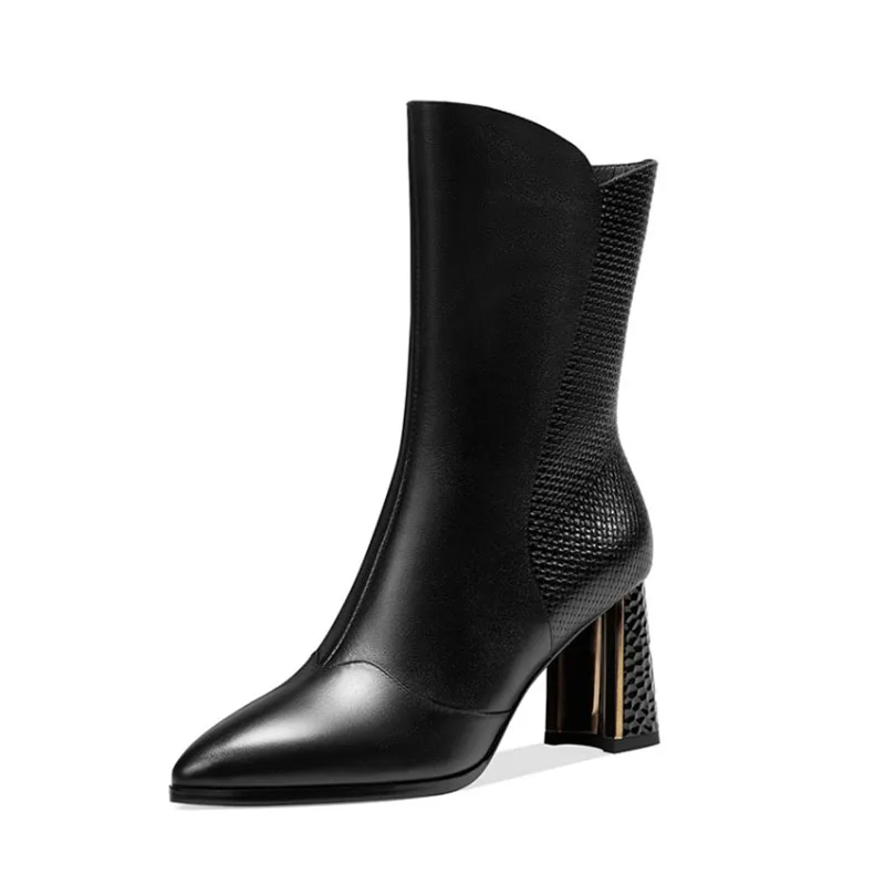 

MLJUESE 2021 women ankle boots Cow leather winter short plush beige color pointed toe square heel high heels female ankle boots