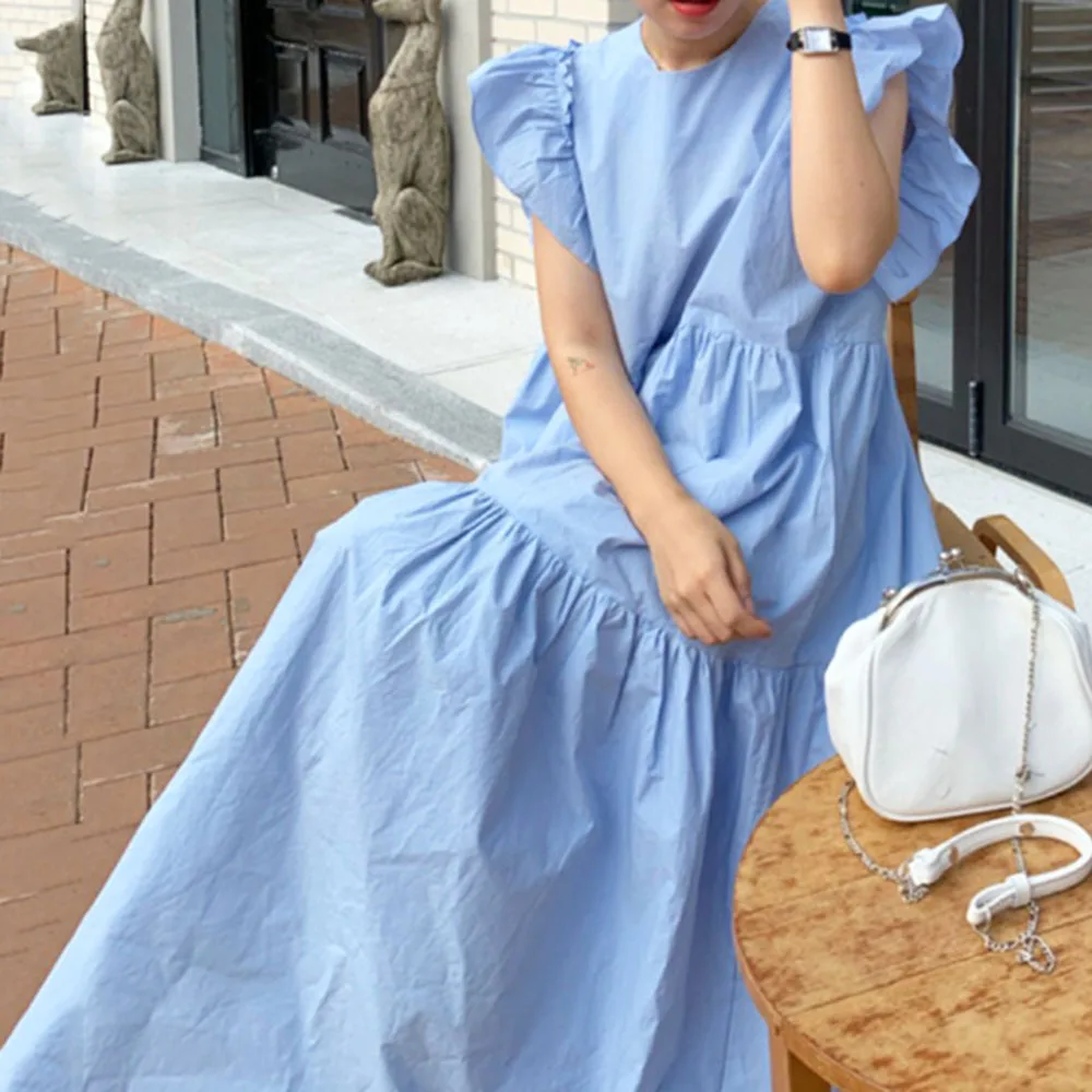 

Dress 2021 New Style Round Neck Short Sleeve Maxi Length Gather Ladies Fashion Large Pendulum Plain Casual Dress