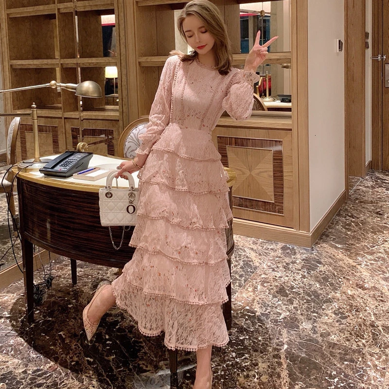 Женское длинное кружевное платье элегантное розовое принцессы с вышивкой и