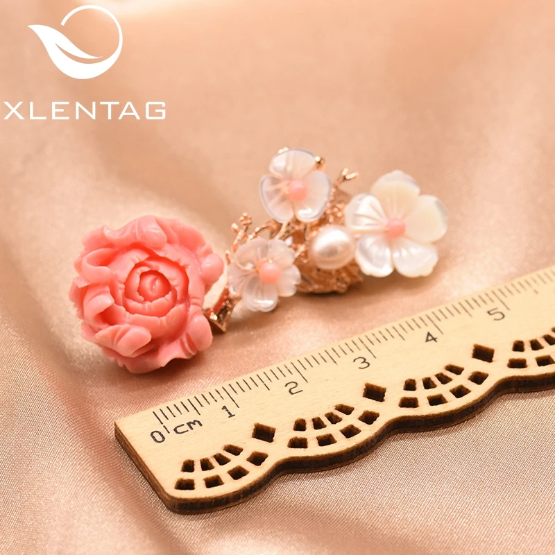 XlentAg, 925 пробы, серебряные, розовые, коралловые Висячие серьги, белый жемчуг, Розовый натуральный камень, раковина, цветок, висячие серьги, ювелирное изделие GE0024