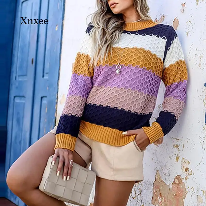 Женский трикотажный пуловер в полоску Свободный с круглым вырезом и длинным