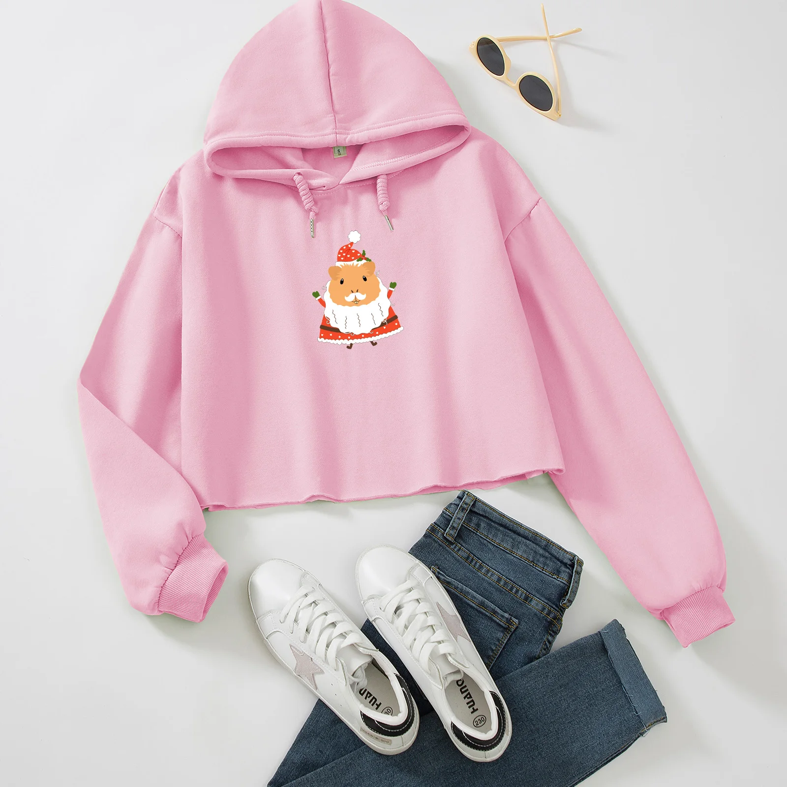 

Женские толстовки с капюшоном Рождественская Милая свитшот с принтом морской свиньи оверсайз кроп-Топ Harajuku винтажные пуловеры Свободные повседневные короткие топы