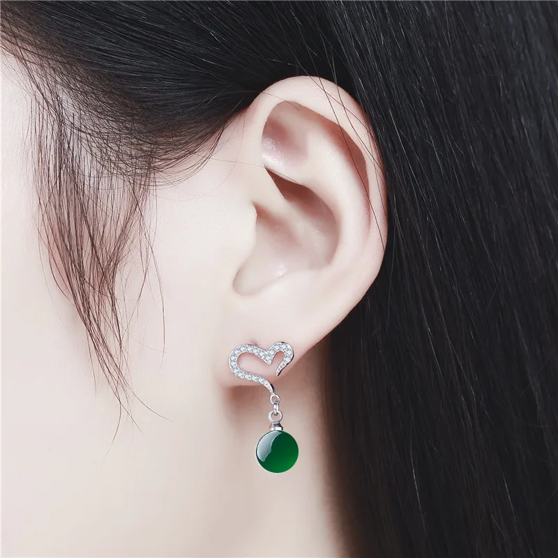 Серьги в виде сердца из серебра 925 пробы с нефритом натуральный зеленый халцедон