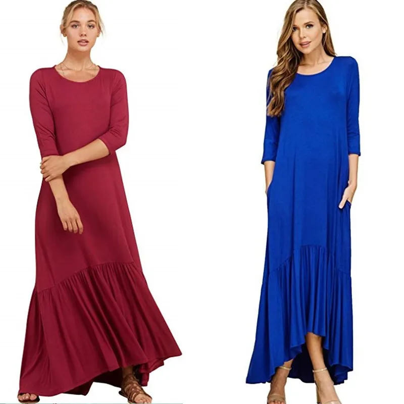 Женское длинное платье с круглым вырезом и карманами однотонное зима 2020|Женские
