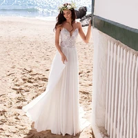 beach boho wedding dresses lace appliques bridal dress spaghetti straps vestido de noiva backless chiffon wedding gowns