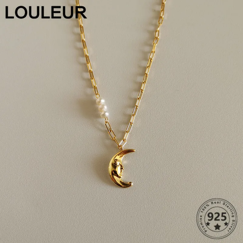 

Louleur 925 Sterling Silver Gold Necklace Baroque Pearl Moon Pendant Chain Necklace For Women Charm Jewelry Silver 925 Jewelry