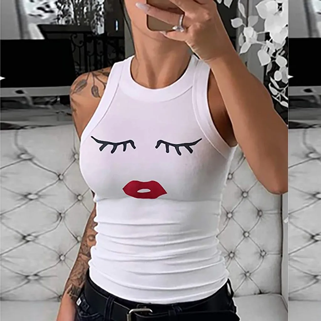 Топы женские 2020 без рукавов оверсайз майка с принтом ресниц смайлик круглый