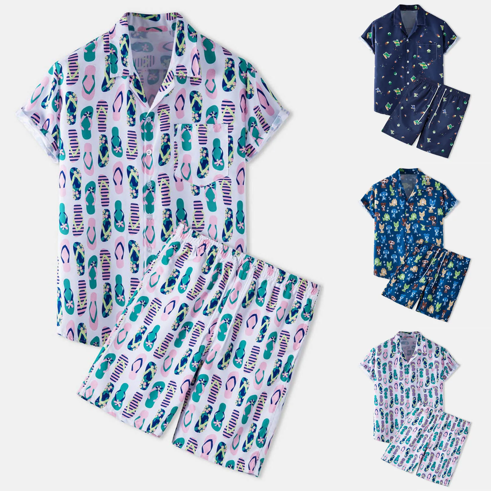 

Mens Summer 2-Piece Beach Printed Short Sleeve Shirts & Shorts Pants Sets