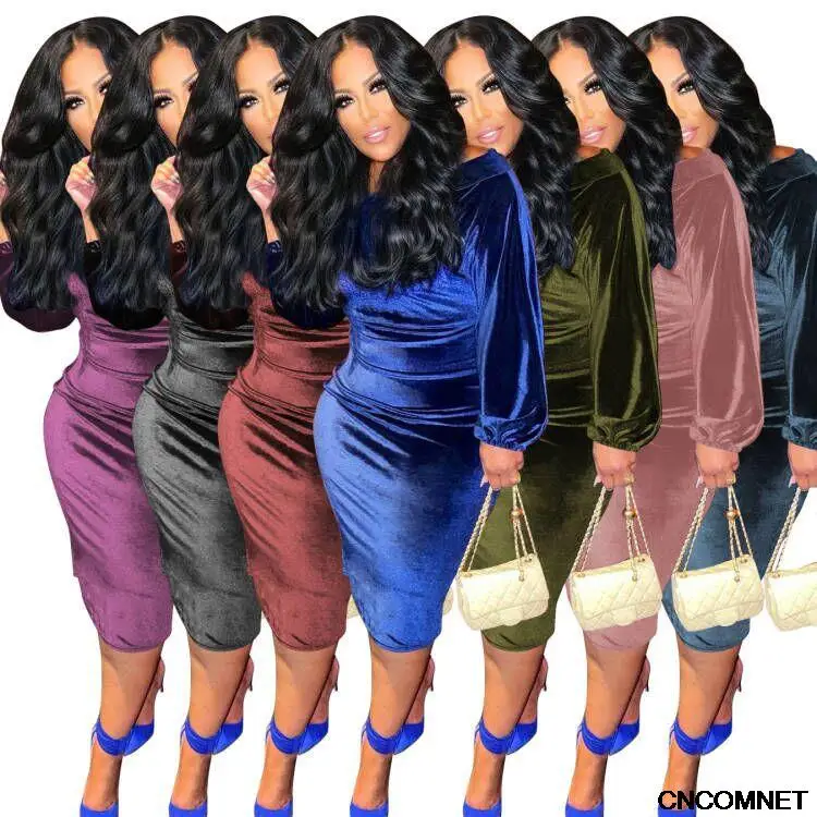 

Women Solid Color Warm Velvet Pencil Dress Slash Neck Puff Sleeve Mid Waist Autumn Winter Slim Hips Dresses For Woman Vestidos