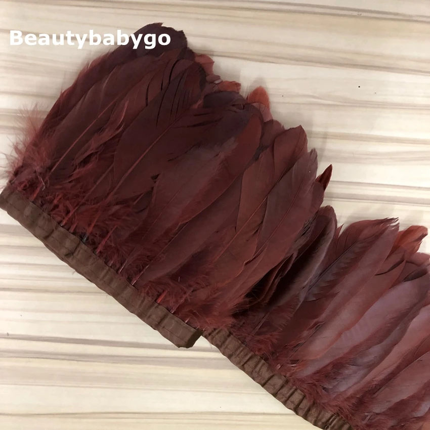 

Factory cheap sales 10 yard brown color Goose duck feather trims strips for cloth accessorys