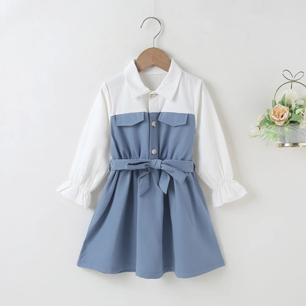 

Winter 2021 Girls Dress Girls Cute Dress Long Sleeve Turn-down Collar Patchwork Blue Cute Streetwear Dresses Vestidos 18M-6T