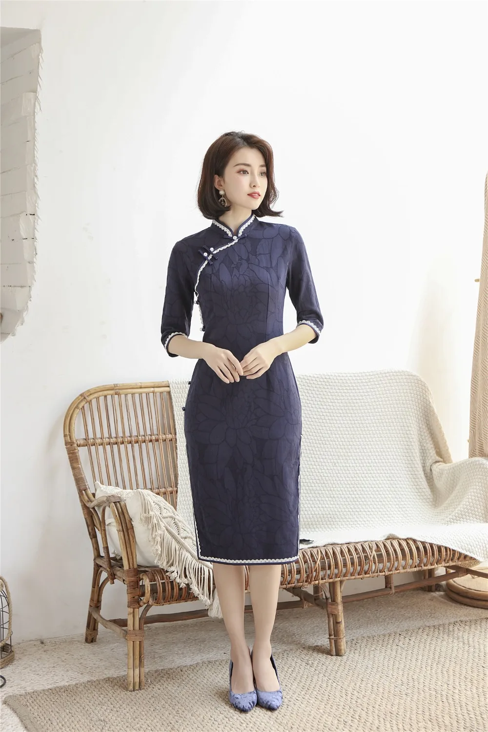 Шанхай история Половина рукава по колено cheongsam платье хлопок лен Винтаж Ципао китайское платье китайский стиль платье для женщин