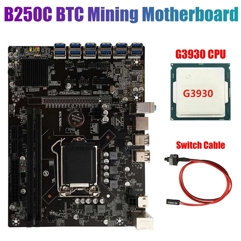 

B250C BTC Mining Motherboard with G3930 CPU+Switch Cable 12XPCIE to USB3.0 Graphics Card Slot LGA1151 Supports DDR4 RAM