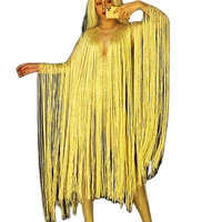 yellow long tassel playsuits mesh gauze fringes jumpsuit party evening costume nightclub performance outfit stage wear lady