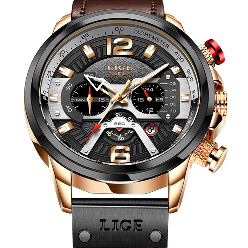 Часы наручные LIGE мужские с кожаным ремешком брендовые Роскошные спортивные