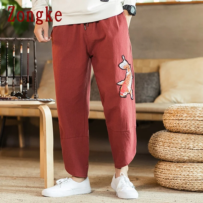 

Zongke Carp Embroidery Men's Pants Harajuku Men Clothing Ankle-Length Pants Men Japanese Style Streetwear Trousers M-5XL 2021