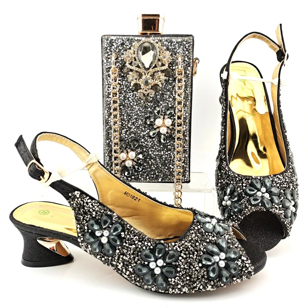 

Newest Black Party Ladies Shoes and Bag Set Decorated with Shiny Mosaic Rhinestone Accessories Shoes With Evening Bags d112-16