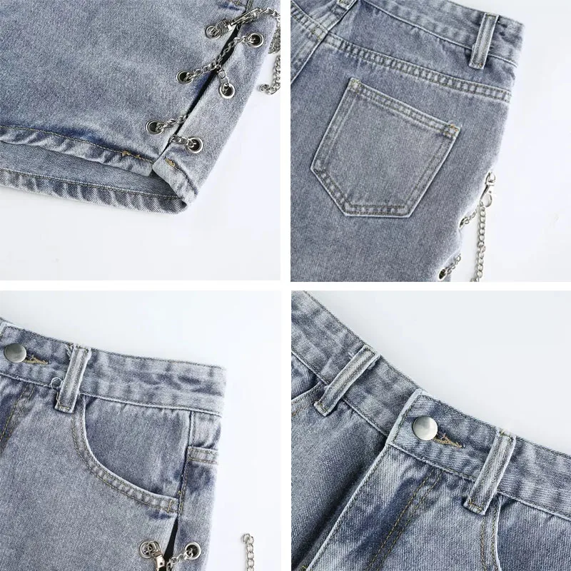 

Shorts Women New Vintage Sexy Chains Split Streetwear Ins Summer Club Dance High Waist Girl Denim Slim Trousers Female Students