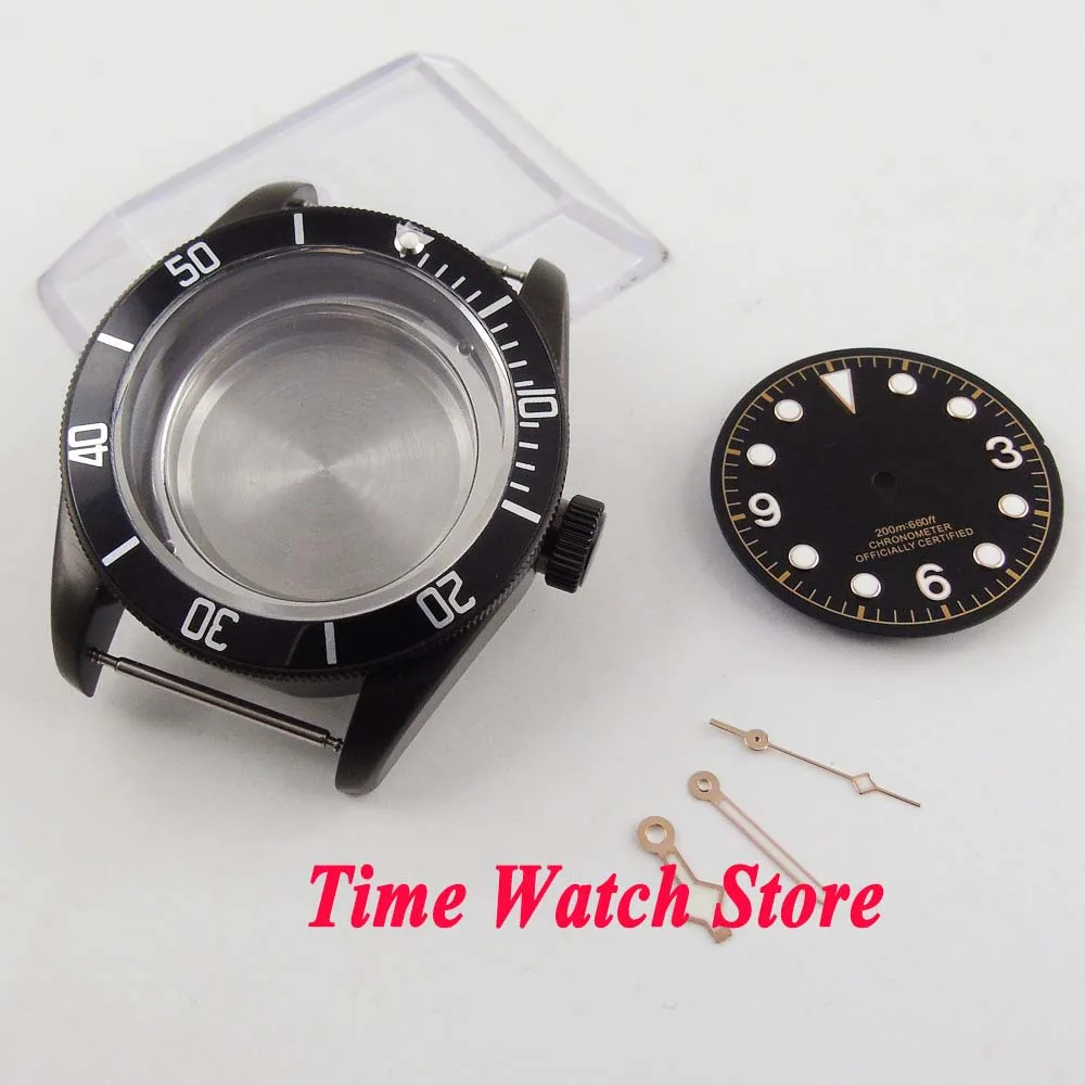 

Fit ETA 2836 MIYOTA 82 series movement 41mm black bezel sapphire glass Black PVD watch case +dial+hands C122