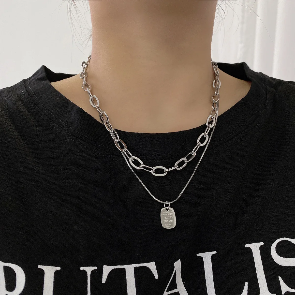 

Letter Card Set Chain Necklace Double Titanium Steel for Female Hip Hop Alphabet Fashion Unisex