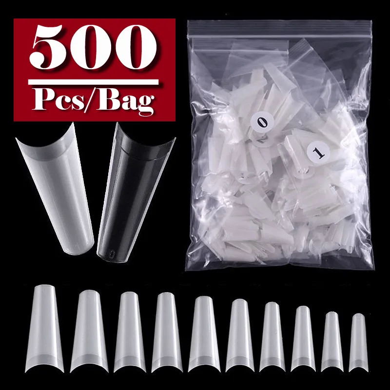 

500Pcs False Nail Art Tips French Natural Clear Coffin False Nails Tips Acrylic For UV Gel Polish Manicure Designs 10 Sizes