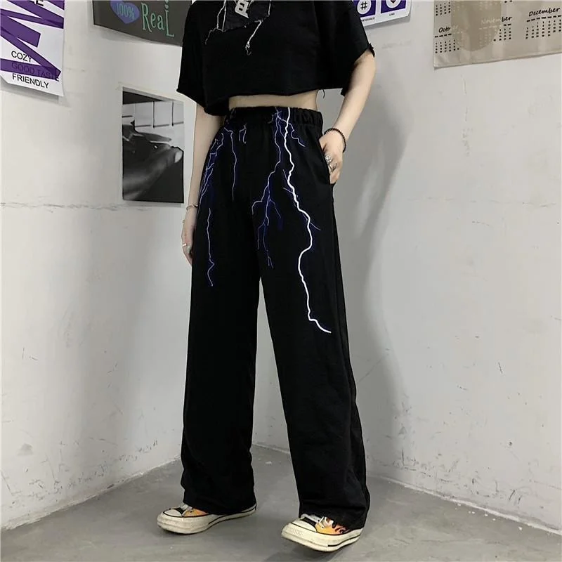 

QWEEK Gothic Harajuku Lightning Print Wide Pants Women Streetwear High Elastic Waist Casual Trousers Female Summer Techwear Emo
