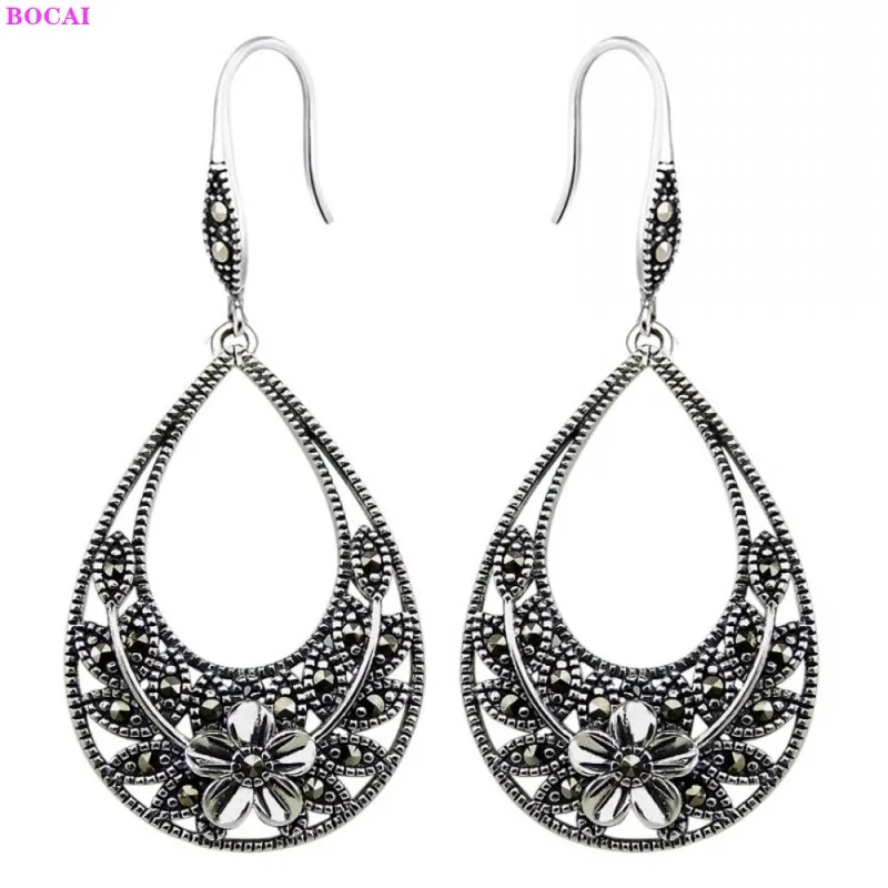 

BOCAI S925 sterling silver earrings Fashion Thai silver National style Flower basket jewelry pure Argentum ear drop for women