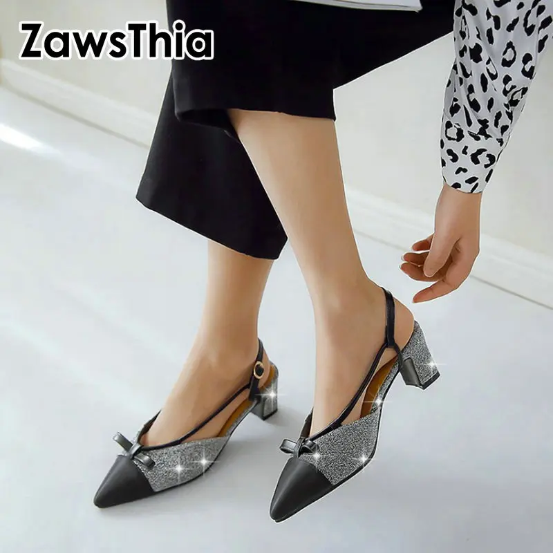 ZawsThia 2020 Новые блестящие женские туфли синие серебристые на среднем каблуке
