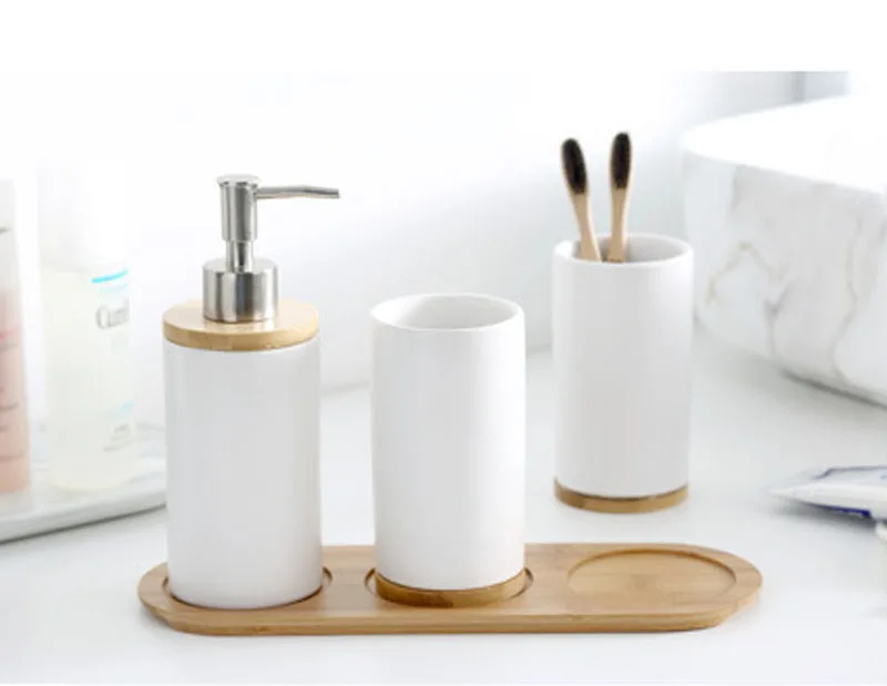 

Creative Ceramic Bamboo Bathroom Glass Toothbrush Holder Cup Bathroom Emulsion Container Kitchen Dishwashing Liquid Container