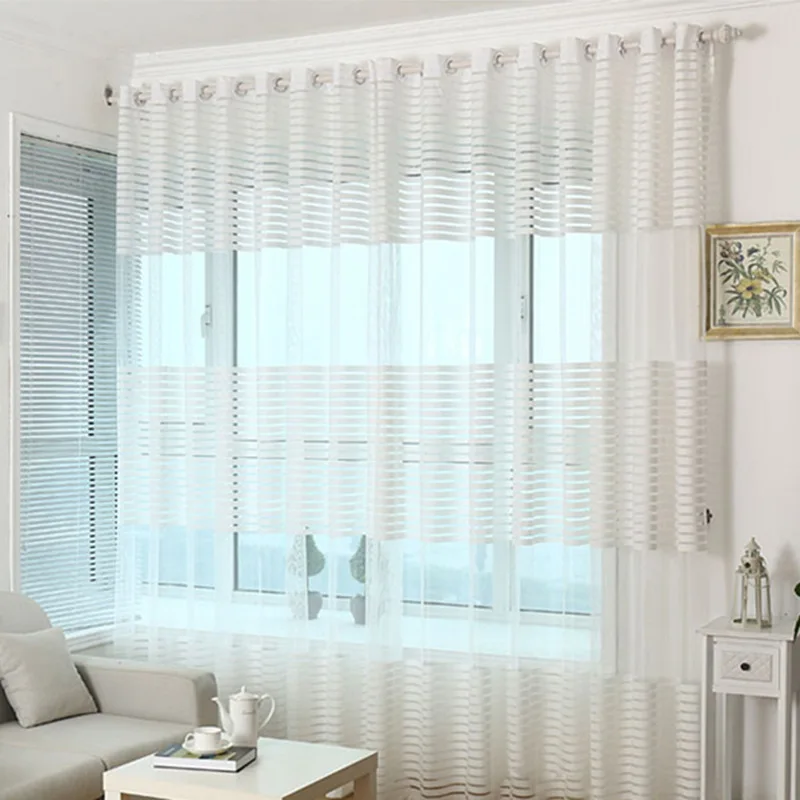 Striped Sheer Curtain Window Screening Transparent Tulle Curtains Living Room Bedroom Balcony Home Decoration | Дом и сад
