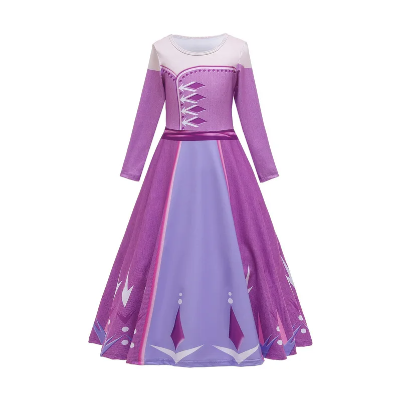 Frozen 2 Elsa Anime Cartoon Princess Long Sleeve Dress Spring and Autumn Girls Purple Princess Dress Childrens New Year Gift