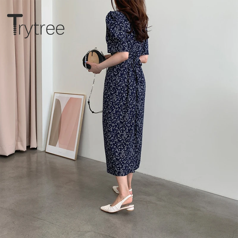 

Trytree 2020 Summer Woman Casual Dress O-neck Print Puff Sleeve 2 Color Fashion Temperament Elegant A-line Mid-Calf Dress