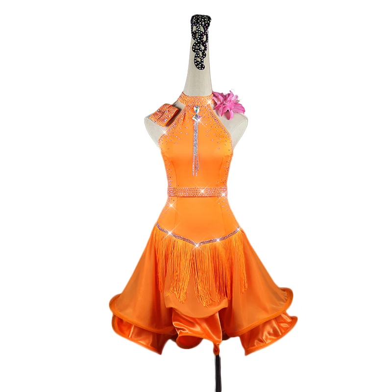 

New Summer Women Latin Dance Dress Sexy Orange Tassel Rhinestone Dresses Latin Salsa Chacha Standard Competition Costumes