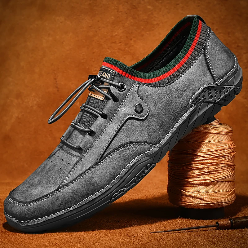 

Men's Leather Shoes Fashion Leather Stitching Breathable Slip-On Shoes Classic Sewing Soles British Trend Casual Driving Shoes