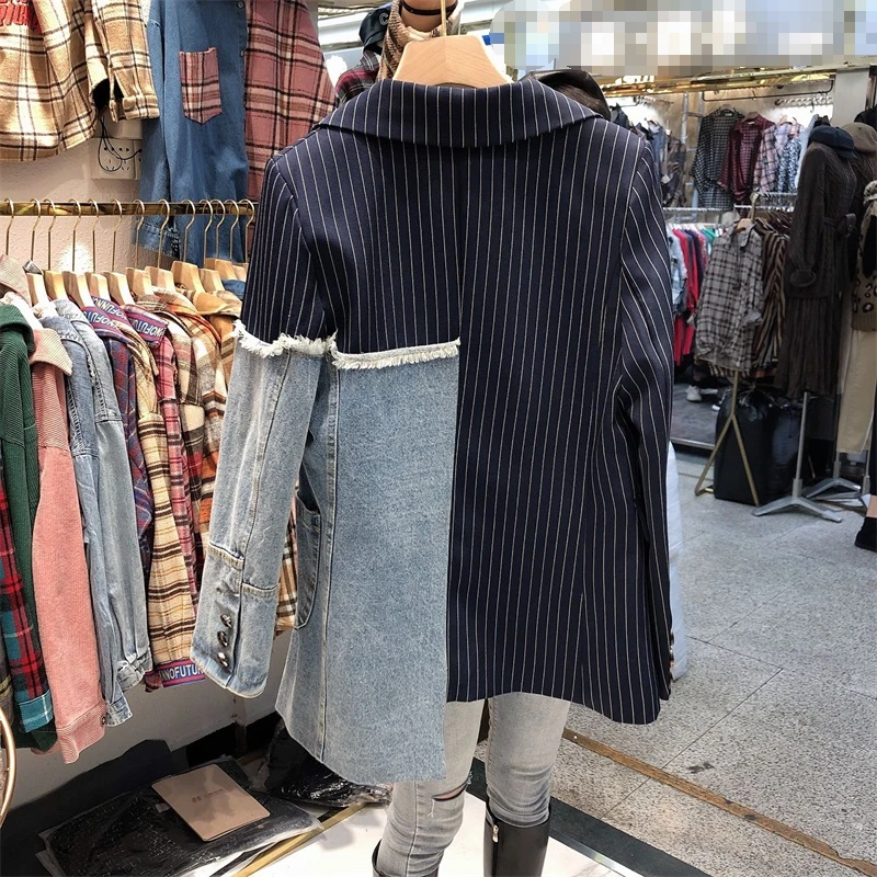 Женский блейзер куртка Дизайнерский полосатый Джинсовый в стиле пэчворк Длинные