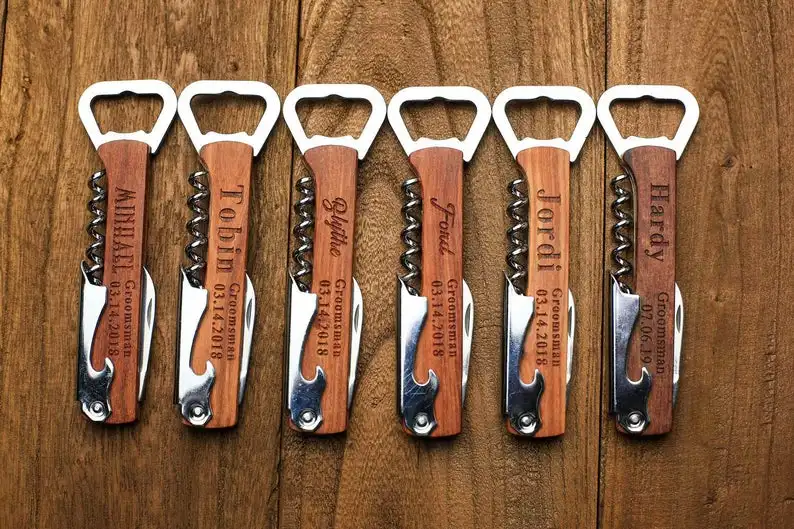 

Engraved Corkscrew opener Groomsmen Idea Personalized beer bar Wooden Handle Bottle Opener Wedding Gift