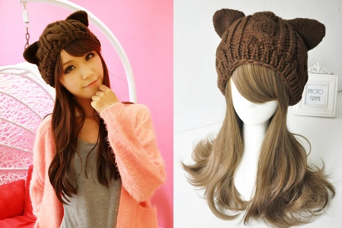 

Fashion Lady Girls Winter Warm Knitting Wool Cat Ear Beanie Ski Hat Cap ALS88