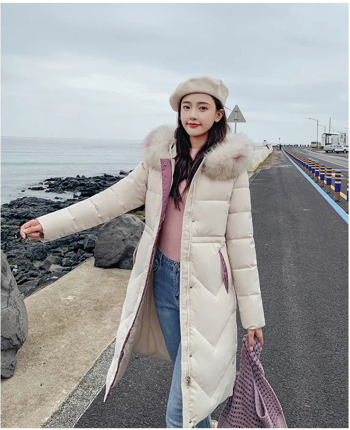 Ins Winter New Women's Hooded Down Parka Long Jacket Casual Big Fur Zipper Full Sleeve Korean Style Thick Coat C90802K