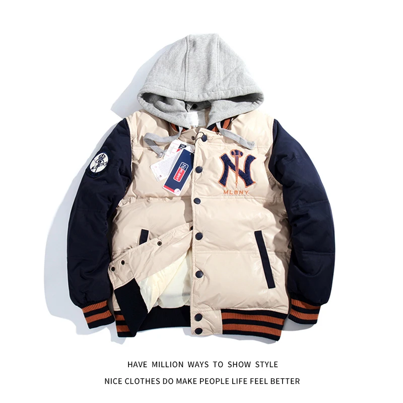 

MLBNY Embroidery Winter Down Jacket Women's Baseball Coat Men's Coach Unisex Couple Outwear Boyfriend Style Detachable cap
