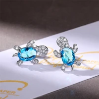 2021 sweet girl cute blue oval zircon turtle stud earrings for women fashion jewelry crystal animal earrings wholesale