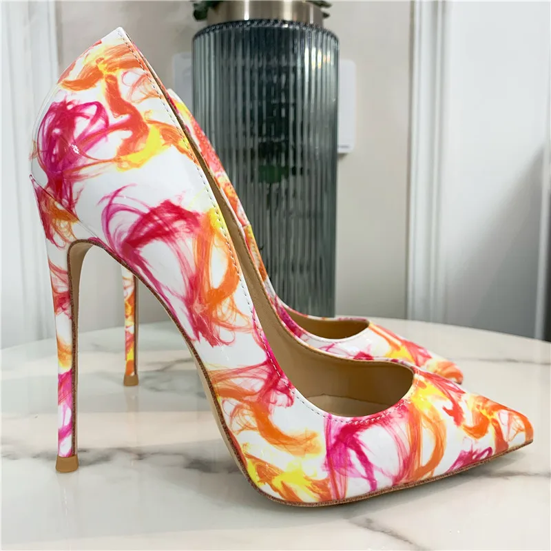 

Casual Designer Sexy Lady Fashion Women Shoes Graffiti Patent Pointy Toe Stiletto Stripper High Heels Zapatos Mujer Prom Evening