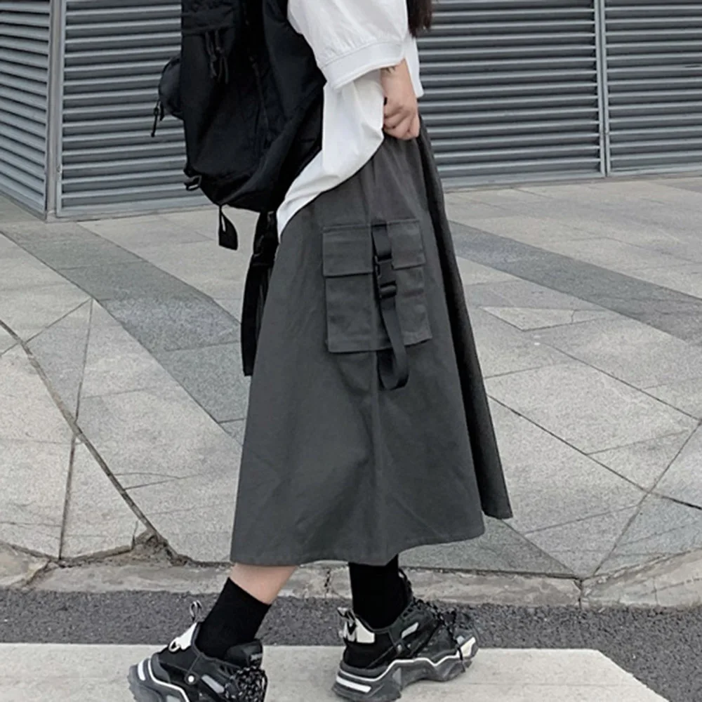 

Women Summer Skirts Pocket 2020 Korea Japanese Harajuku Streetwear Preppy Style Solid Khaki Grey High Waist A Line Midi Skirts