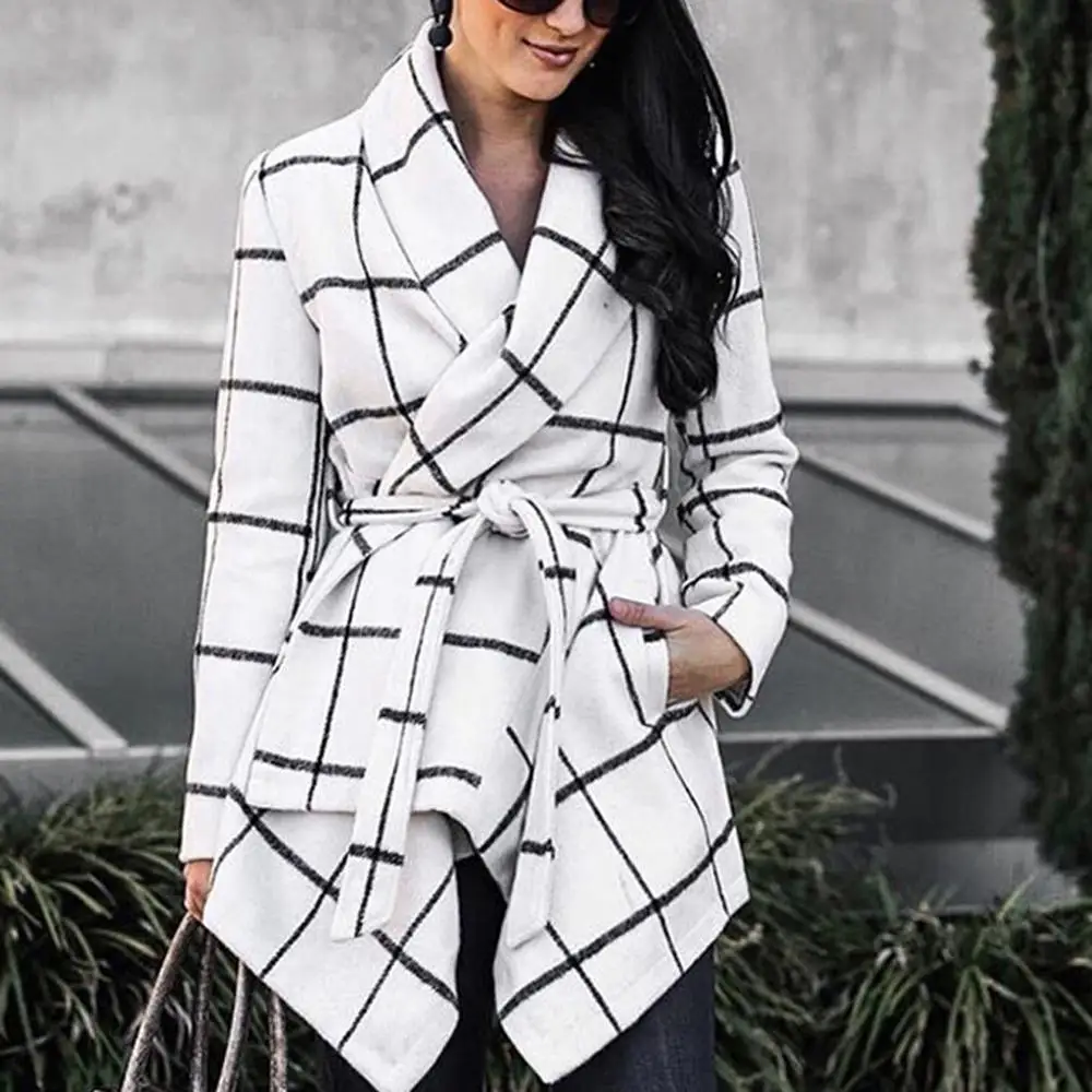 Cashmere Woolen Women Coat Winter Vintage Warm Plaid Sashes Irregular Wool Manteau Femme Abrigos Mujer Plaszcze Damskie | Женская одежда