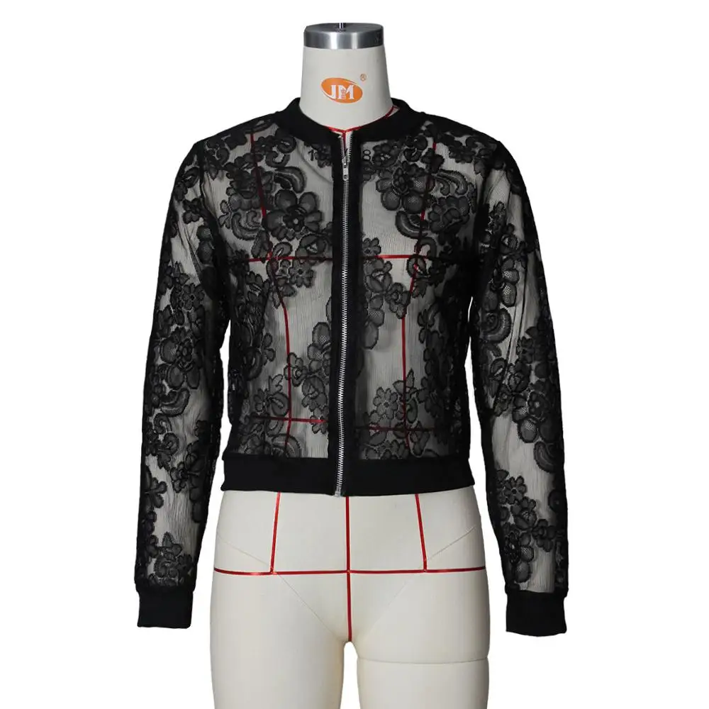 Пикантная кружевная сетчатая Прозрачная женская повседневная куртка на молнии