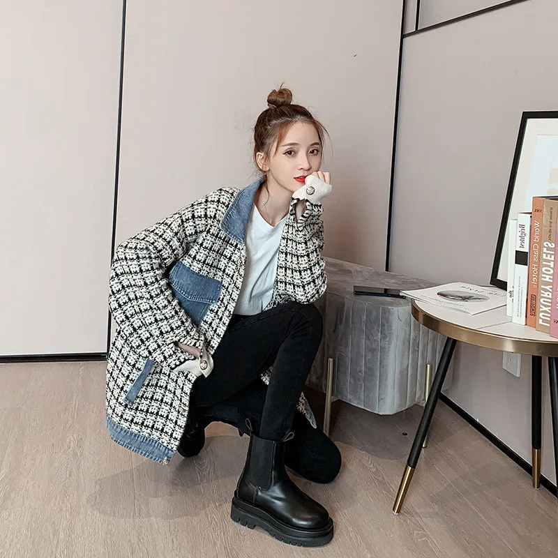 SuperAen клетчатое повседневное джинсовое пальто в стиле пэчворк женская Свободная