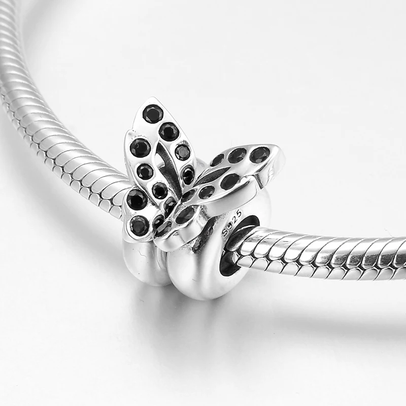 2 шт. бусины-бабочки из серебра 925 пробы с черным Цирконом |